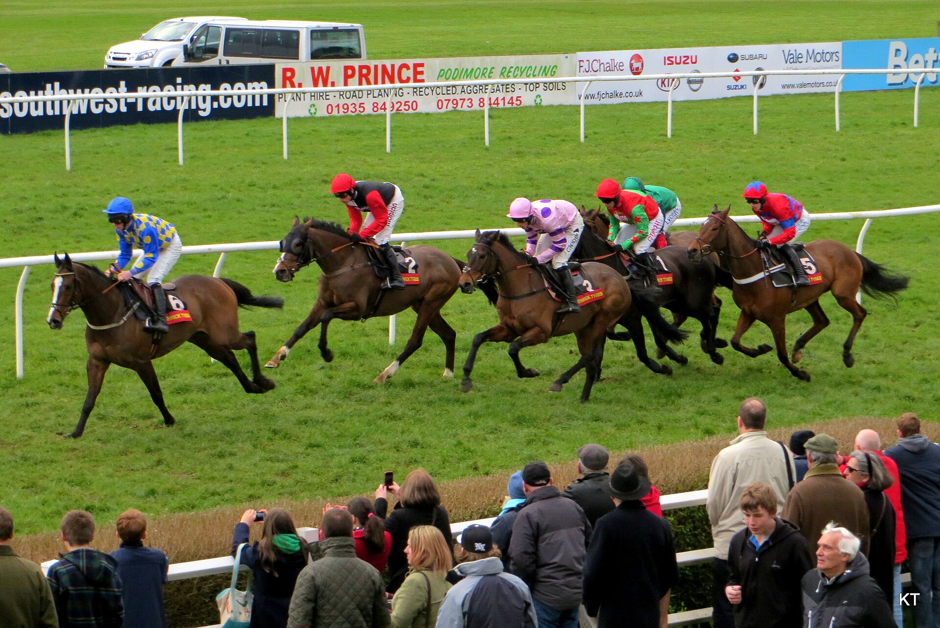 Runners in the Kingwell Hurdle at Wincanton, with racegoers at the rail